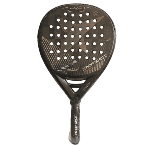Black and brown sports racket with visible branding on a white background