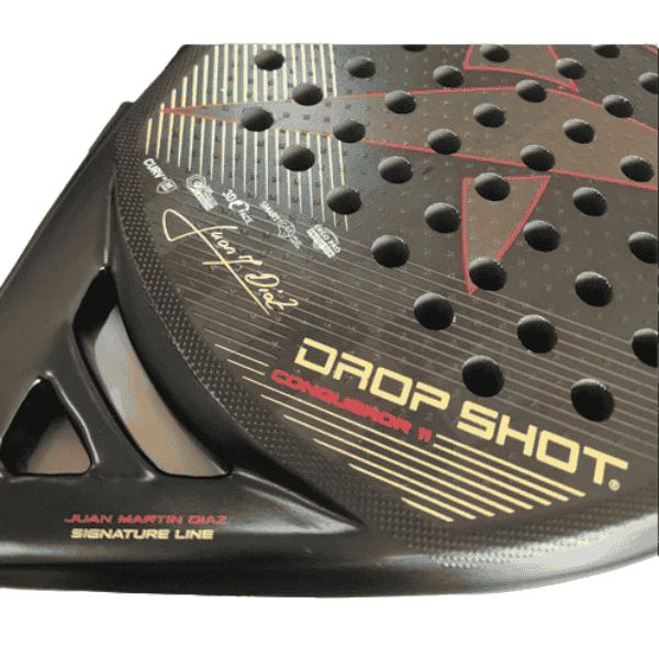 Close-up of a Drop Shot padel racket with branding on a white background