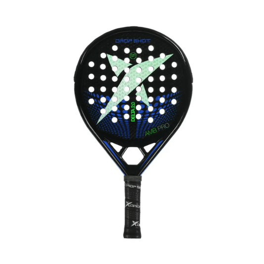Padel racket with black and blue design on a white background