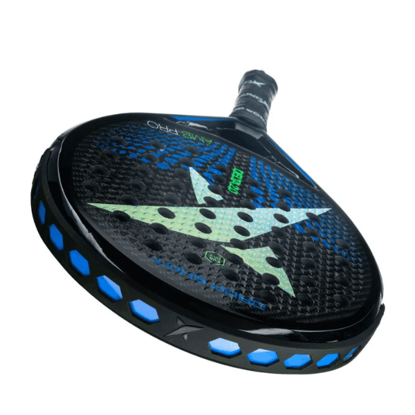Pickleball paddle with black and blue design on a white background