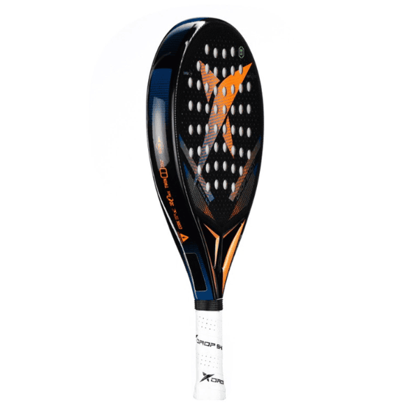 Drop Shot Delta 3.0 padel racket in black with orange, blue and white graphic detailing, perforated face and carbon fiber finish.