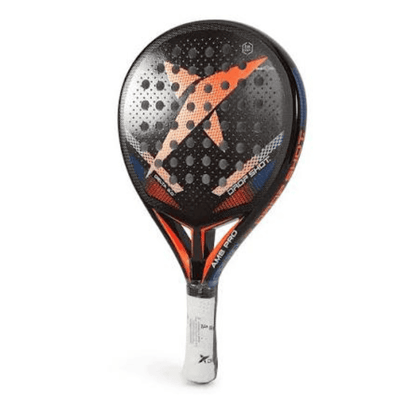 Drop Shot Delta 3.0 padel racket in black with orange, blue and white graphic detailing, perforated face and carbon fiber finish.