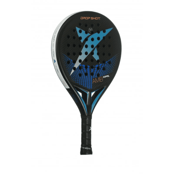 Drop Shot Dopel padel racket in black and blue with a perforated face, carbon-fiber finish, blue graphic detailing and aerodynamic frame design.
