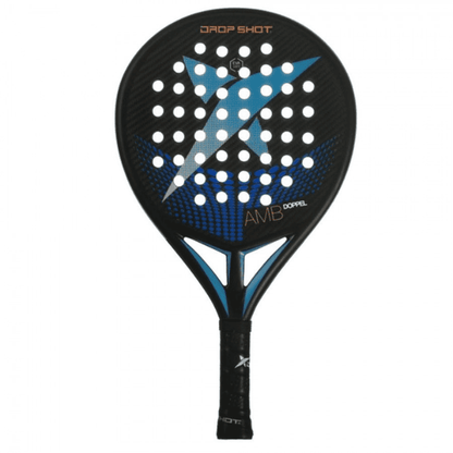 Drop Shot Dopel padel racket in black and blue with a perforated face, carbon-fiber finish, blue graphic detailing and aerodynamic frame design.