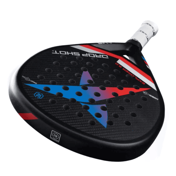 Drop Shot Explorer 6.0 padel racket with a teardrop shape, black and blue design, 3K carbon face, EVA Pro core, and balanced performance for control and power.