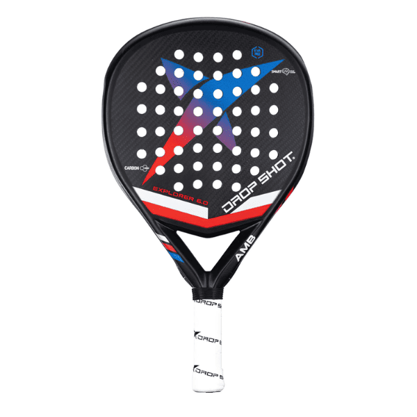 Drop Shot Explorer 6.0 padel racket with a teardrop shape, black and blue design, 3K carbon face, EVA Pro core, and balanced performance for control and power.