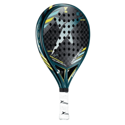 Drop Shot Explorer Pro 5.0 padel racket in teal, black, white and yellow with textured surface and perforated face.