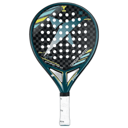 Drop Shot Explorer Pro 5.0 padel racket in teal, black, white and yellow with textured surface and perforated face.