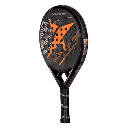Drop Shot Imperium 1.0 padel racket in black and orange with a modern aerodynamic design.
