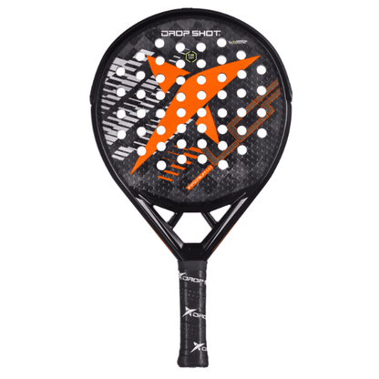 Drop Shot Imperium 1.0 padel racket in black and orange with a modern aerodynamic design.