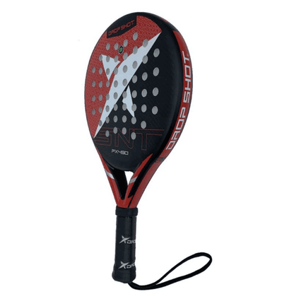 Drop Shot PX490 padel racket featuring a round black and red frame, fiberglass face, EVA Soft core, and low-balance design for beginner players seeking comfort, control, and easy maneuverability on the padel court.