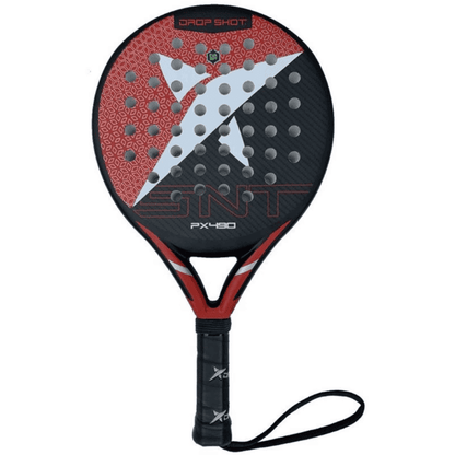 Drop Shot PX490 padel racket featuring a round black and red frame, fiberglass face, EVA Soft core, and low-balance design for beginner players seeking comfort, control, and easy maneuverability on the padel court.