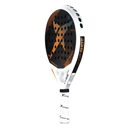 Drop Shot Premium 3.0 padel racket in white, grey, orange and teal with perforated face and distinctive aerodynamic frame design.
