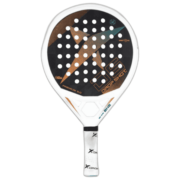 Drop Shot Premium 3.0 padel racket in white, grey, orange and teal with perforated face and distinctive aerodynamic frame design.