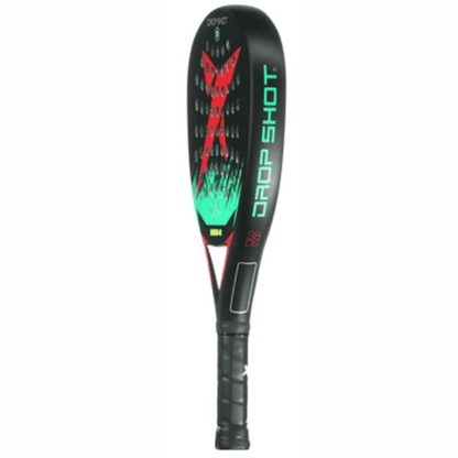 Drop Shot Sakura 4.0 padel racket with a round shape, black and pink design, fiberglass face, EVA Soft core, and a lightweight, control-focused feel.