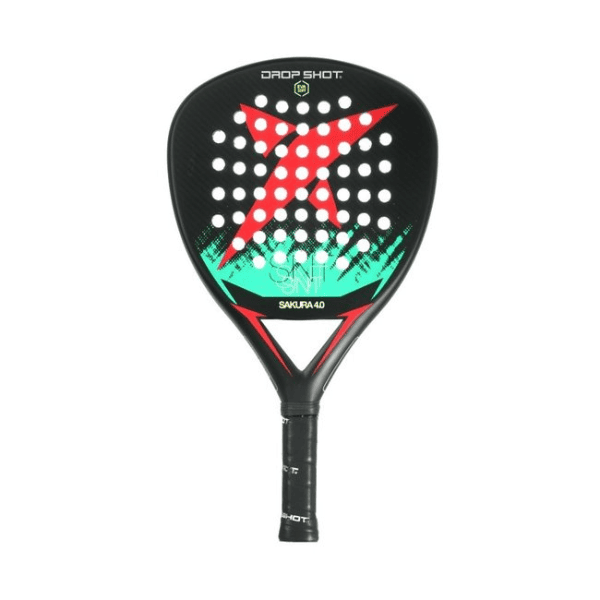 Drop Shot Sakura 4.0 padel racket with a round shape, black and pink design, fiberglass face, EVA Soft core, and a lightweight, control-focused feel.
