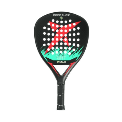 Drop Shot Sakura 4.0 padel racket with a round shape, black and pink design, fiberglass face, EVA Soft core, and a lightweight, control-focused feel.