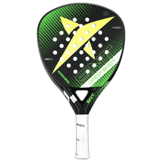 Paddle racket with green and black design on a white background