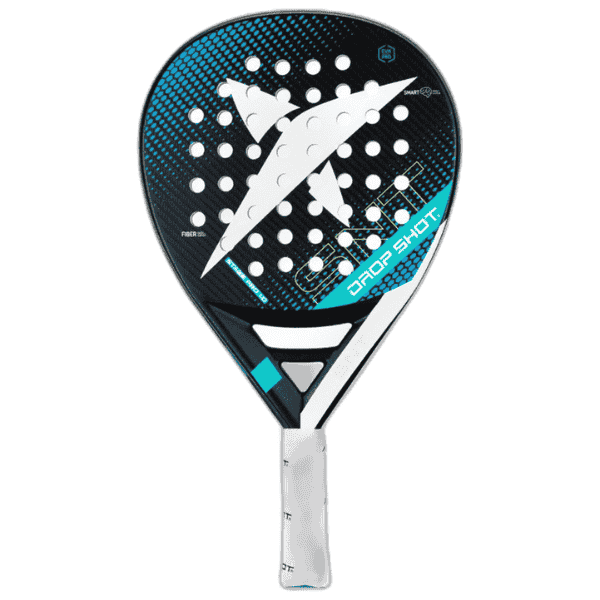 Paddle racket with blue and black design on a white background