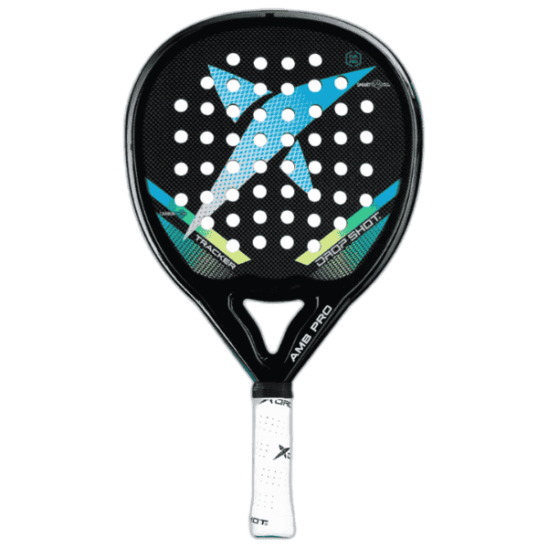 Paddle racket with black and blue design on a white background