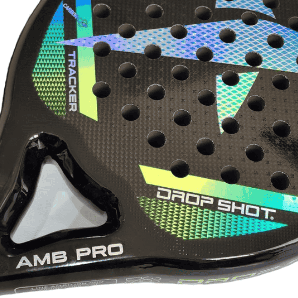 Close-up of a sports equipment with 'Drop Shot' branding and text on a black background.