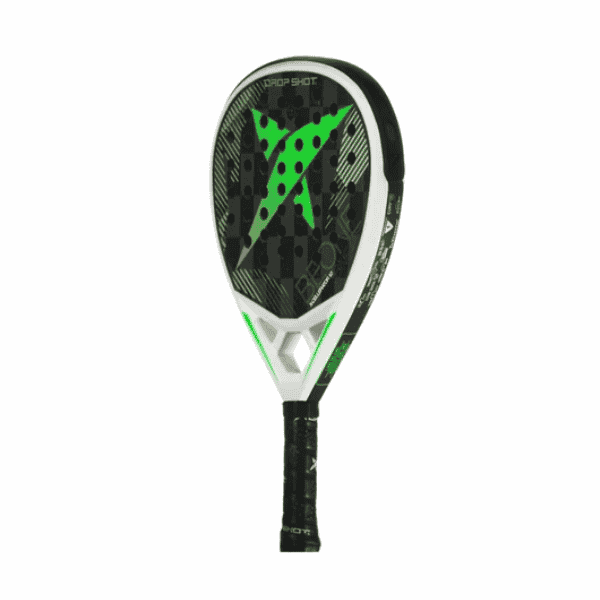 Paddle racket with green and black design on a white background