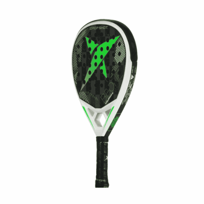 Paddle racket with green and black design on a white background