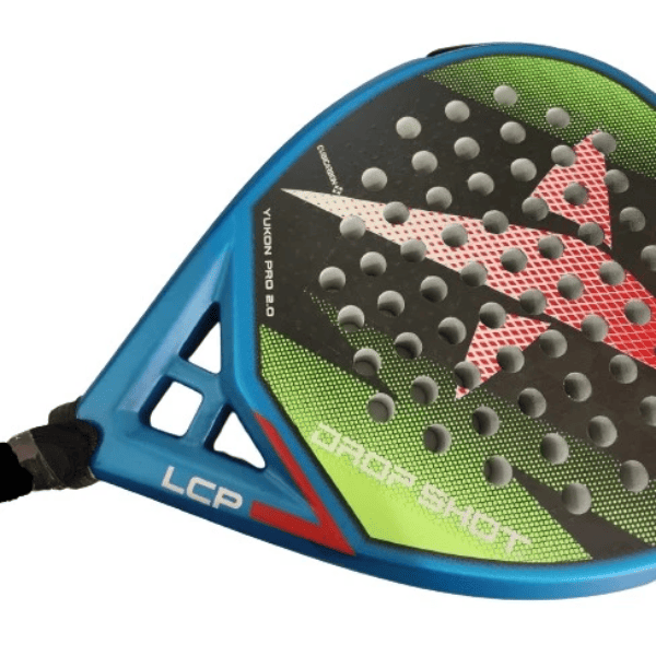 Dropshot Yukon Pro 2.0 padel racket with blue frame, black face, and green, red and white design on a white background.