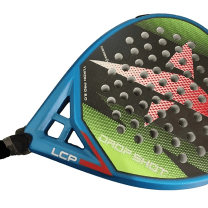 Dropshot Yukon Pro 2.0 padel racket with blue frame, black face, and green, red and white design on a white background.