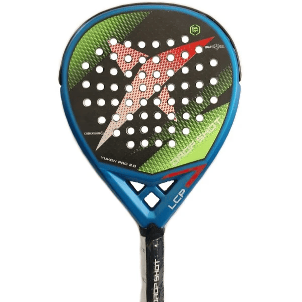 Dropshot Yukon Pro 2.0 padel racket with blue frame, black face, and green, red and white design on a white background.