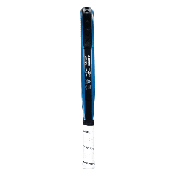 Dropshot Yukon Pro 2.0 padel racket with blue frame, black face, and green, red and white design on a white background.
