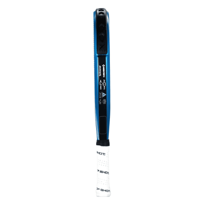 Dropshot Yukon Pro 2.0 padel racket with blue frame, black face, and green, red and white design on a white background.