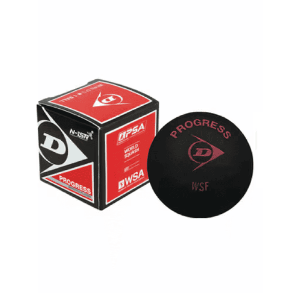 Dunlop Red Dot squash ball designed for beginner and recreational players, offering higher bounce and slower speed for easier rallies and improved control.