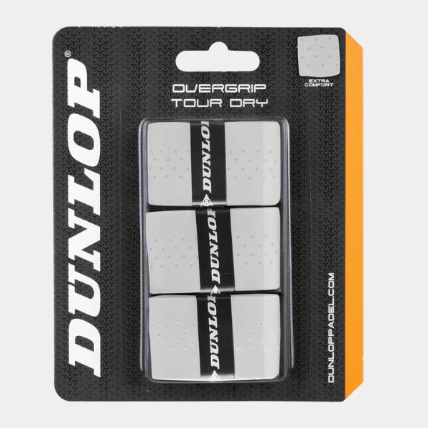 Dunlop overgrip packaging with three overgrips inside on a white background
