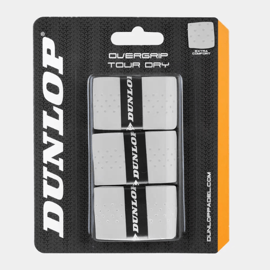 Dunlop overgrip packaging with three overgrips inside on a white background