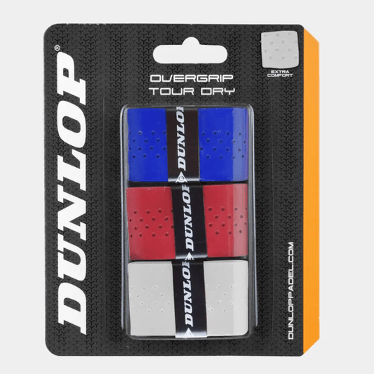 Dunlop overgrip packaging with red, blue, and gray overgrips on a black background.