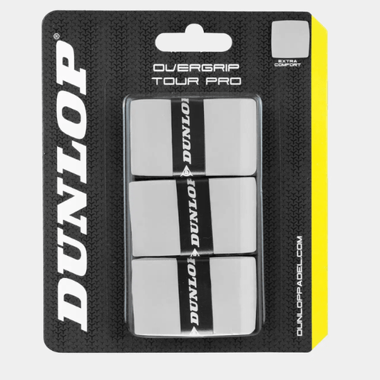 Dunlop Overgrip Tour Pro packaging with three overgrips inside on a black background.