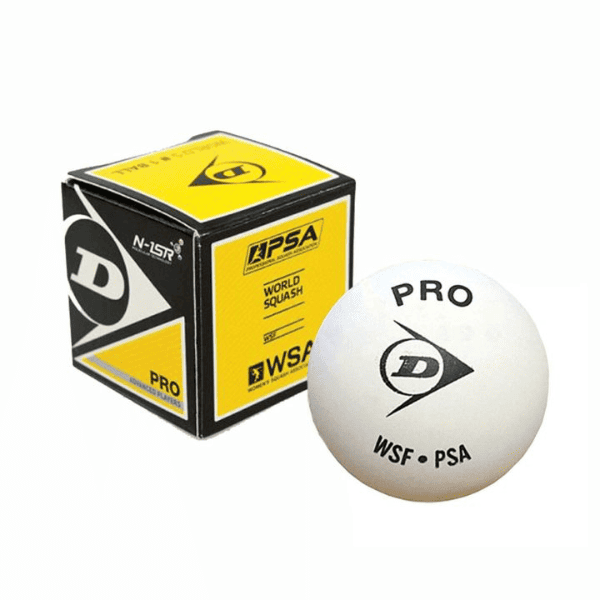 Dunlop White Pro squash ball for professional glass court play, white ball with printed logo