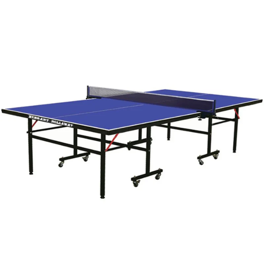 Blue table tennis table with black frame and wheels on a white background