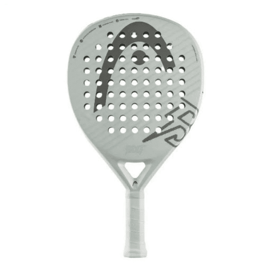 HEAD Bolt padel racket in white and light gray with a teardrop-shaped frame, black HEAD logo, perforated fiberglass face, and white grip, designed for beginner to intermediate padel players.