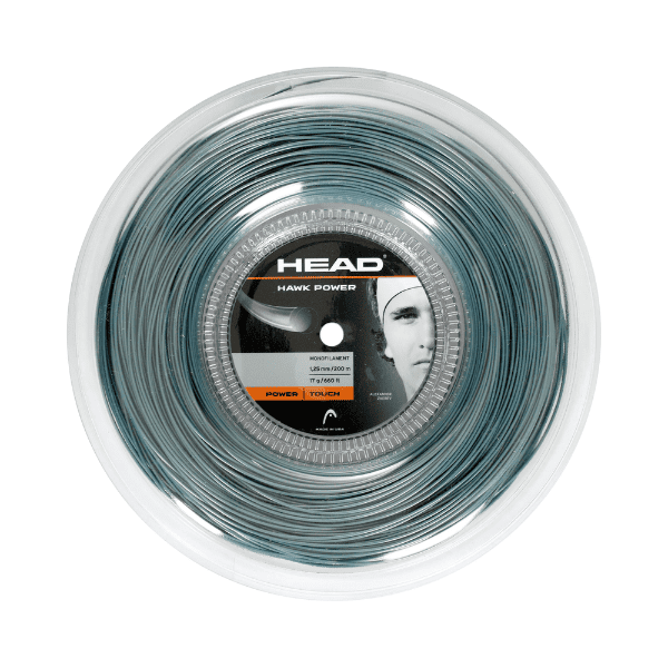 HEAD Hawk Power 16G tennis string, 1.30mm petrol-colored co-polyester monofilament string designed for explosive power, control, and durability.