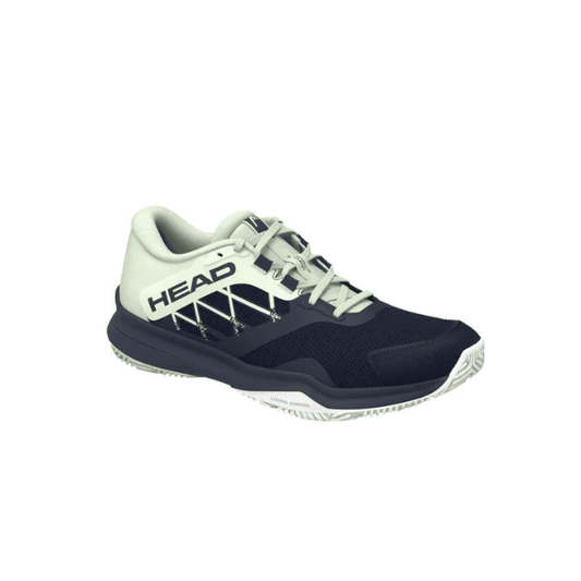 HEAD Motion 1.5 Men’s Padel Shoes in white and blue, featuring a breathable mesh upper, durable outsole, and cushioned design for comfort, stability, and quick movement on padel courts.