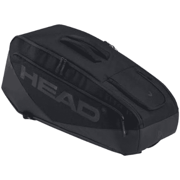HEAD Pro X Racquet Bag L in black, premium tennis racquet bag with multiple compartments, durable construction, and adjustable shoulder straps for organized storage and comfortable carrying.