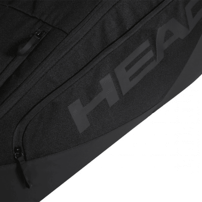HEAD Pro X Racquet Bag L in black, premium tennis racquet bag with multiple compartments, durable construction, and adjustable shoulder straps for organized storage and comfortable carrying.