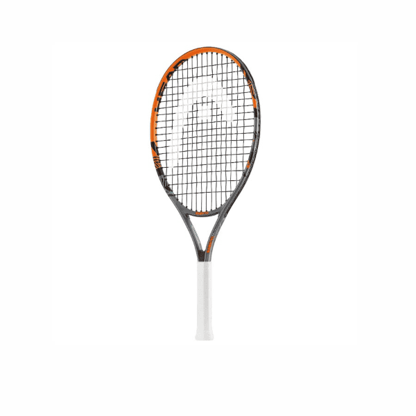 HEAD Radical 23-inch junior tennis racket in orange, grey, and black with black and white strings and a white grip