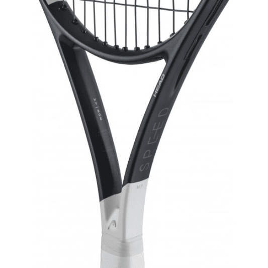 HEAD Speed MP 2026 Tennis Racket with a modern black and white design, lightweight graphite frame, and balanced construction for speed, control, and powerful all-court performance.