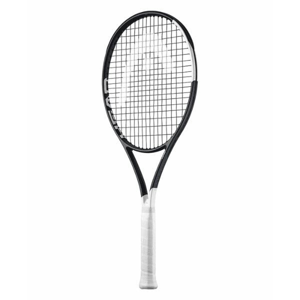 HEAD Speed MP 2026 Tennis Racket with a modern black and white design, lightweight graphite frame, and balanced construction for speed, control, and powerful all-court performance.