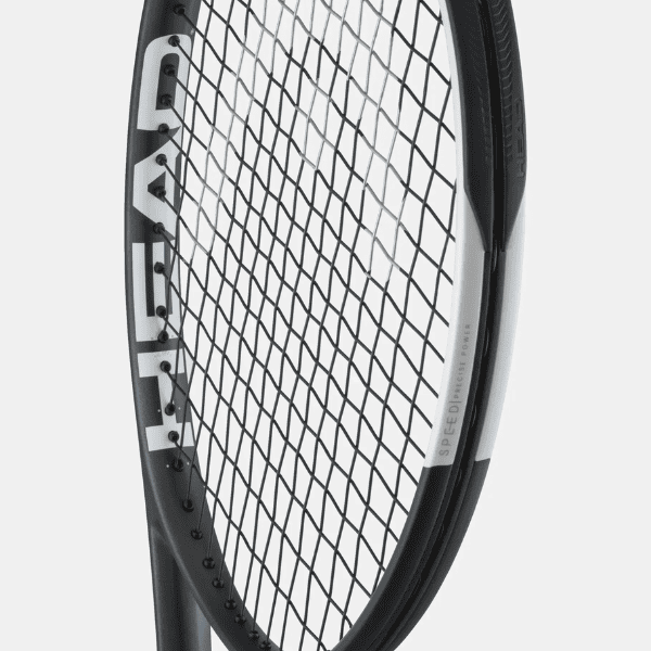 HEAD Speed MP 2026 Tennis Racket with a modern black and white design, lightweight graphite frame, and balanced construction for speed, control, and powerful all-court performance.