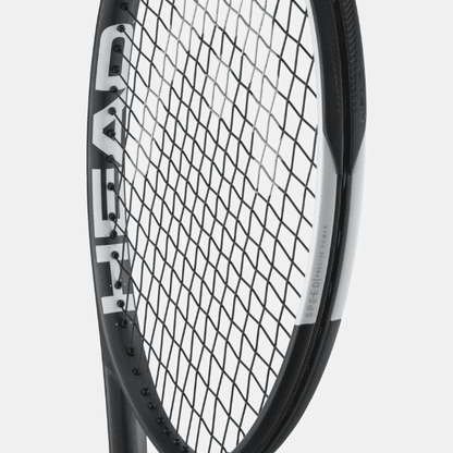 HEAD Speed MP 2026 Tennis Racket with a modern black and white design, lightweight graphite frame, and balanced construction for speed, control, and powerful all-court performance.