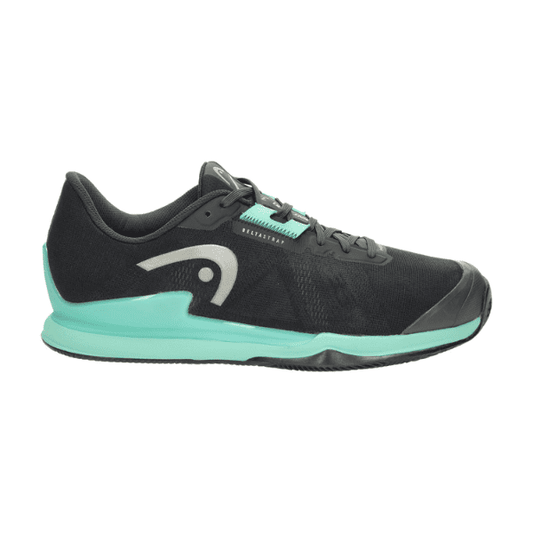 HEAD Sprint Pro 3.5 men’s tennis shoes in black and teal with cushioned sole and lace-up design.